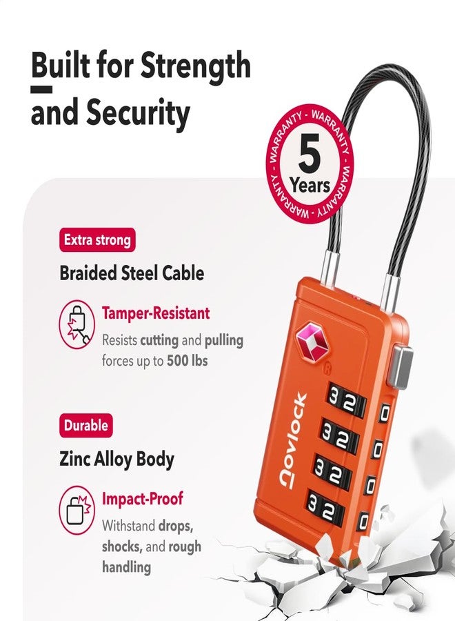 NovLock TSA Approved Luggage Locks | Inspection Indicator, 4-Digit Combination, Durable Zinc Alloy | for Suitcases, Backpacks, Travel Bags | Orange, 4-Pack - Image 4
